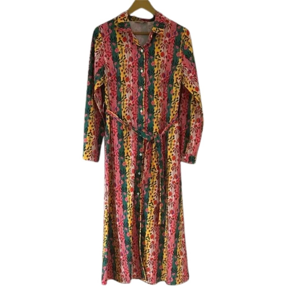 3/$18 Sundayup Vibrant Multicolor Floral & Stripe Long Sleeve Shirt Dress